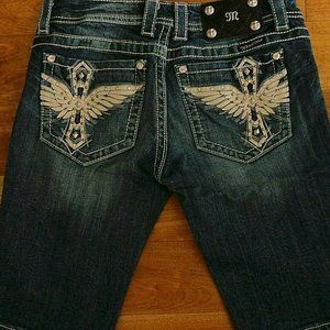MISS ME Blue Jean Shorts Bermuda Angel Wings Cross